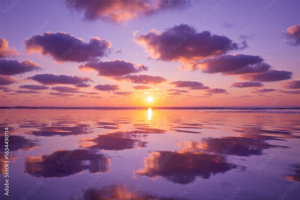 Obraz premium Dramatic orange and red sunset over the tranquil sea with clouds and sunlight on the horizon 