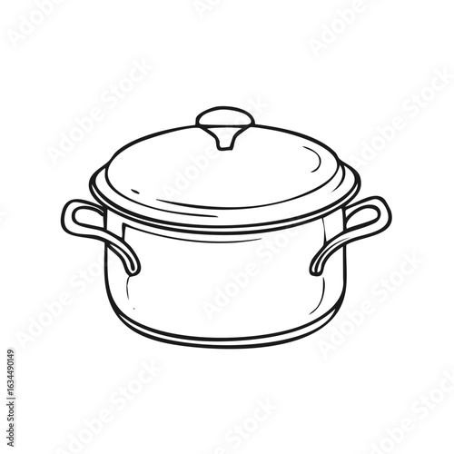 Stock pot illustration with lid and handles, cooking implement, vector graphic