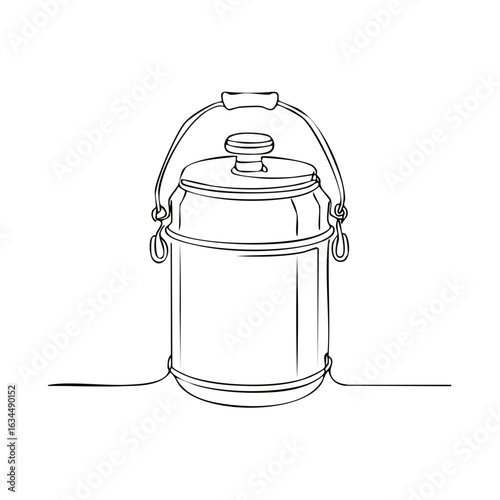 Continuous line drawing of a metal milk can with lid and handle, vector illustration