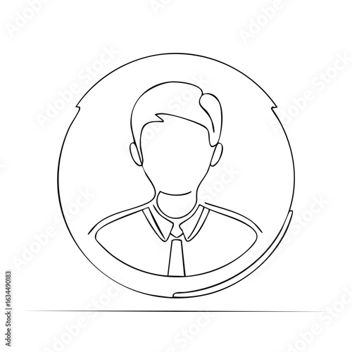Continuous Line Drawing of a Business Person in Circle, Illustration of Shirt and Tie, User Avatar Icon, Minimalist Style