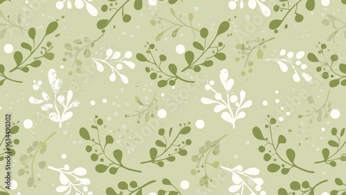 Seamless pattern featuring stylized green and white leaves and berries on a light green background design