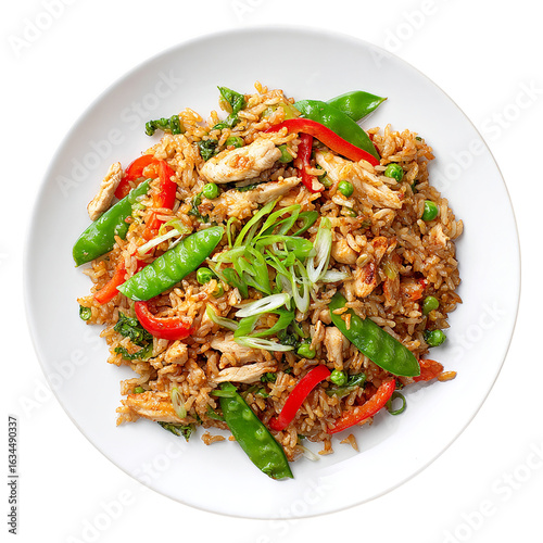 Chicken and vegetable fried rice served on transparent background