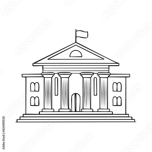 Line Art of Government Building with Flag, Courthouse Symbol, Architectural Drawing