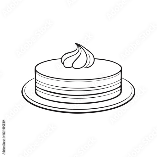 Stylized Cake with Cream on a Plate, Hand-Drawn Outline Illustration
