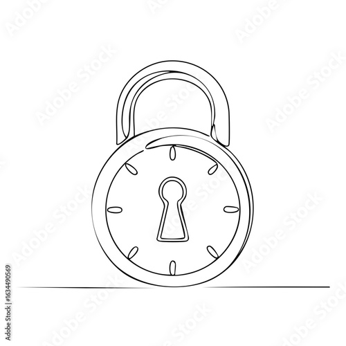 Line Art Style Illustration of a Padlock, Security, Protection, Closed and Secured, Black and White Drawing