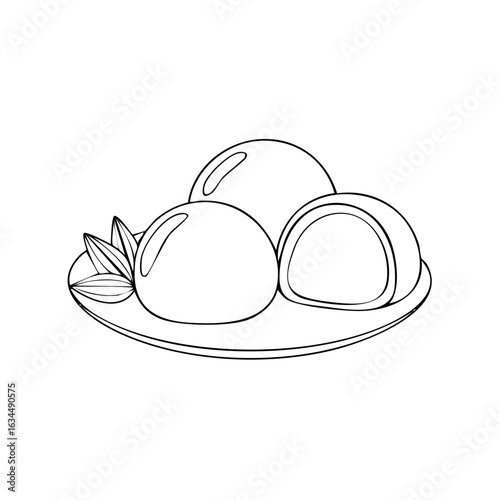 Mochi balls on plate, traditional rice cake dessert with filling and decoration, outline, isolated