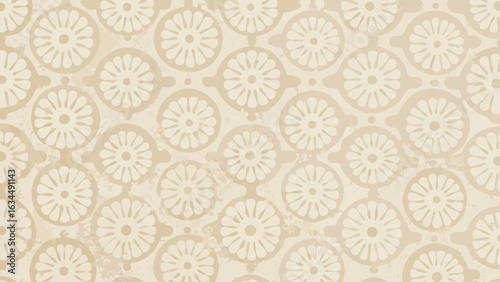Beige floral pattern with circular motifs and connecting elements creating a seamless repeat design effect