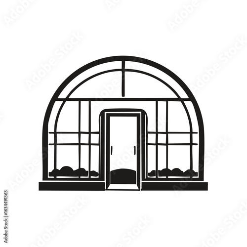 Illustrated greenhouse with rounded top and small door providing shelter for plants and botanical cultivation