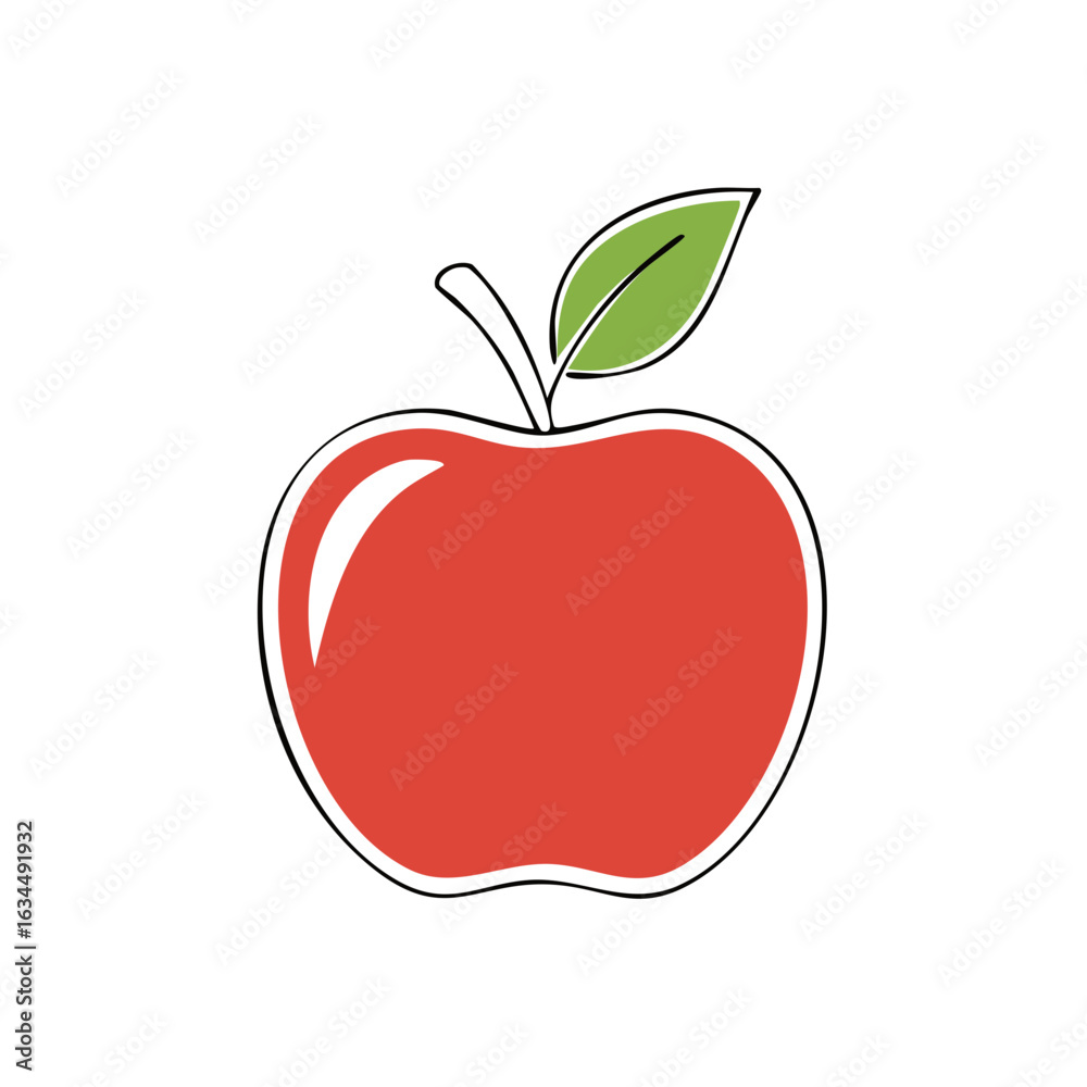 Fototapeta premium Vibrant Red Apple Graphic with Green Leaf and Stem, Clean Outline Style Illustration