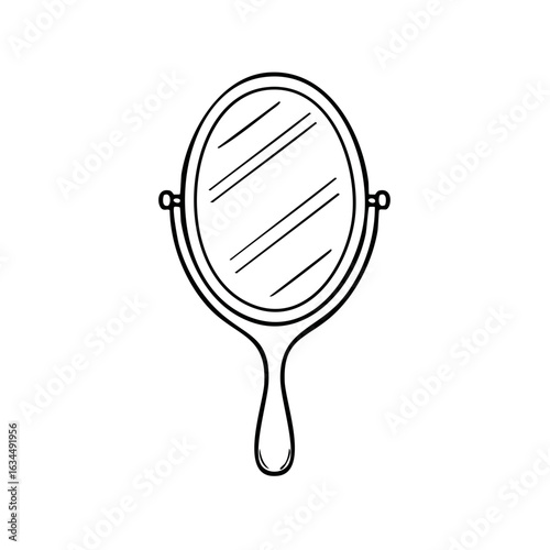Doodle of a hand held vanity mirror with an oval shape and a handle, creating a simple line drawing of a makeup tool