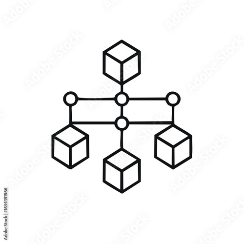 Network Structure Icon with Connected Cubes and Nodes Outlined in Black