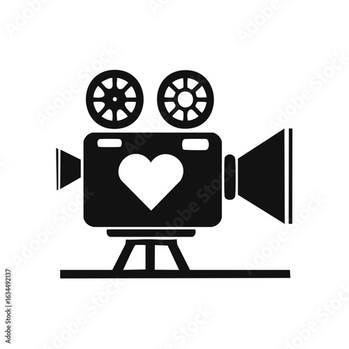 Classic Movie Camera with Love Heart Symbol in Black Silhouette
