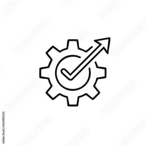 Gear, Check Mark, and Upward Arrow Line Icon for Mechanical Success and Progress