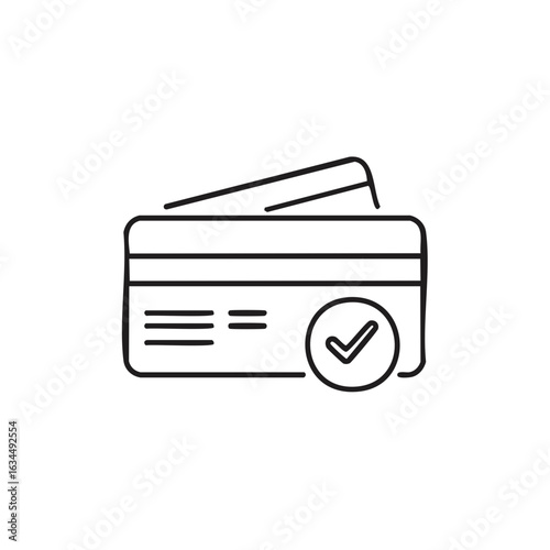Approved payment method icon, credit cards and check marks outline illustration, successful financial transactions graphic