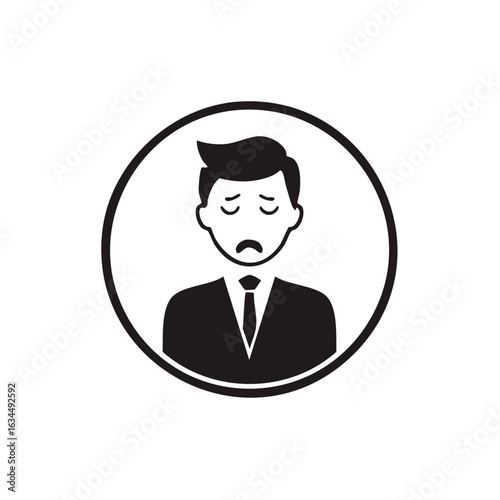 Sad businessman icon in a circle showing frustration, sadness, disappointment, and downturn