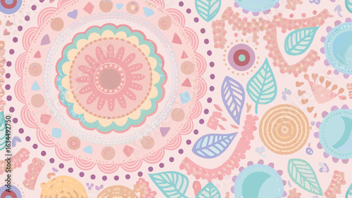 Pastel colored floral mandala with leaves and geometric shapes in a soft and dreamy arrangement style