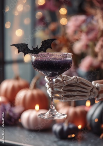 Summerween Party Drink Photo, Skeleton Hand Holding Halloween Purple and Pink Cocktail with Bat Garnish with Pumpkins Decor