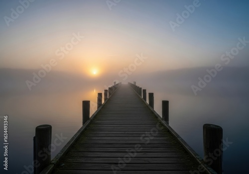 Wooden pier stretches into the foggy lake at sunrise in a tranquil scene