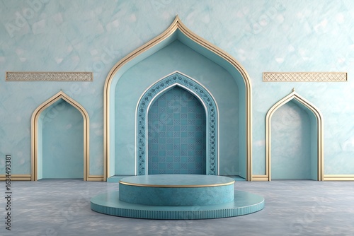3d islamic style podium banner for product display, beautiful muslim invitation with ramadan, eid mubarak, religion background, ai
