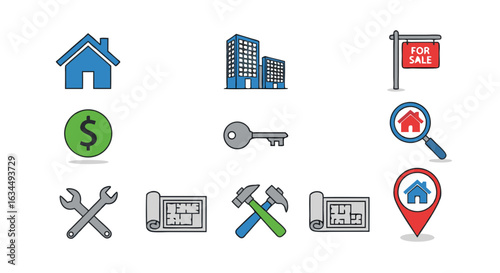 Real Estate Elements and Construction Icons Illustration on a White Background