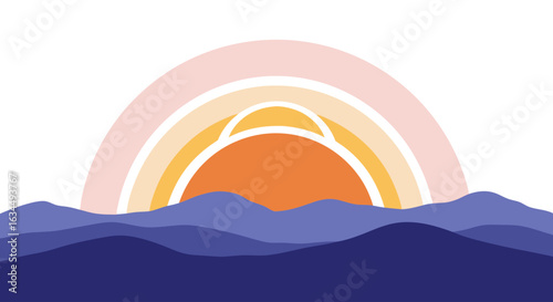 Stylized landscape illustration featuring a vibrant sunrise and mountain ranges, a tranquil and graphic coastal view, inviting a sense of peace