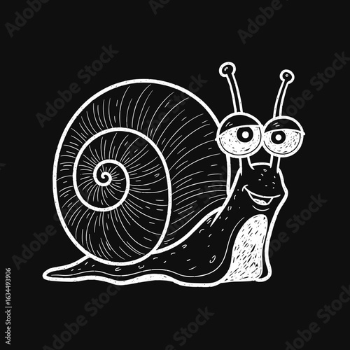 Cartoon snail smiling on black background  