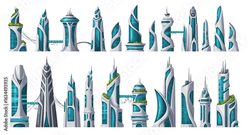 Futuristic architectural vision of a city skyline, displaying advanced designs and technological infrastructure elements, highlighting innovative