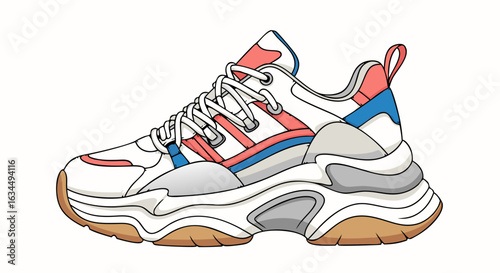 Trendy athletic shoe illustration with vibrant blue and coral accents for urban fashion concepts, streetwear and active lifestyle product display
