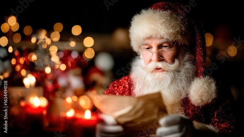 Santa reading letters in cozy holiday setting christmas eve portrait warm atmosphere close-up festive spirit