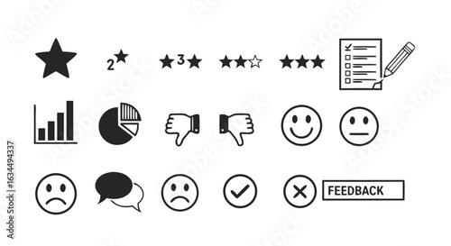 Diverse representation of feedback evaluation and satisfaction rating illustration concept featuring data analysis and communication tools icons
