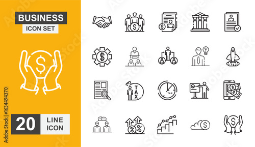 Business icon set. Contract, leadership, manager, planning, strategy, solution, chart and more line icon.