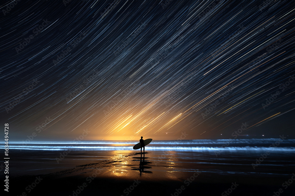 Fototapeta premium A long exposure shot of a surfer silhouetted against a starlit sky, creating streaks of light from distant waves.