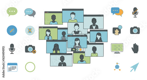Diverse participants engaging in a virtual meeting, communicating and interacting through digital screens and various communication icons