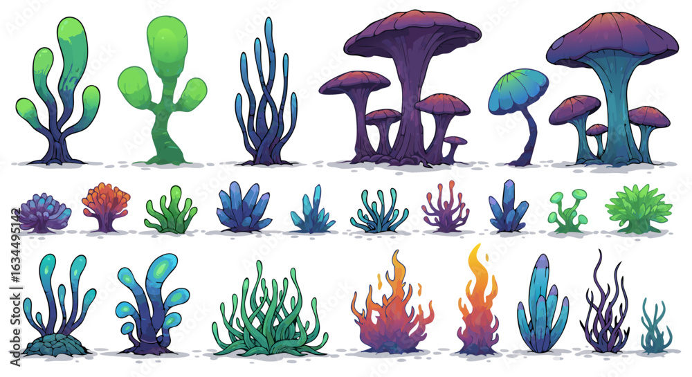 Fototapeta premium Enchanting Alien Flora Collection: A Set of Fantastical Botanical Elements for Imaginative Worlds