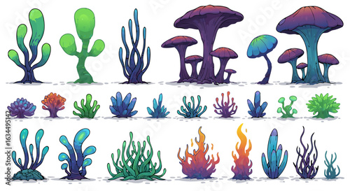 Enchanting Alien Flora Collection: A Set of Fantastical Botanical Elements for Imaginative Worlds