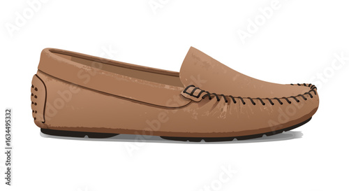 Detailed Illustration of a Stylish Brown Moccasin Loafer with Black Stitching and Sole Presentation