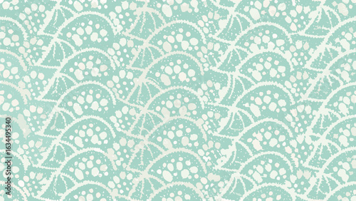 Repeating pattern of scalloped shapes with white dots and lines on a light teal background forming waves
