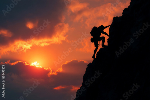 Wallpaper Mural A rock climber silhouetted against a dramatic sunset, nearing the summit, symbolizing triumph and perseverance against nature. Torontodigital.ca