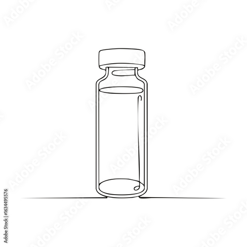 Continuous line art of medical vial, treatment, vaccine, vector illustration