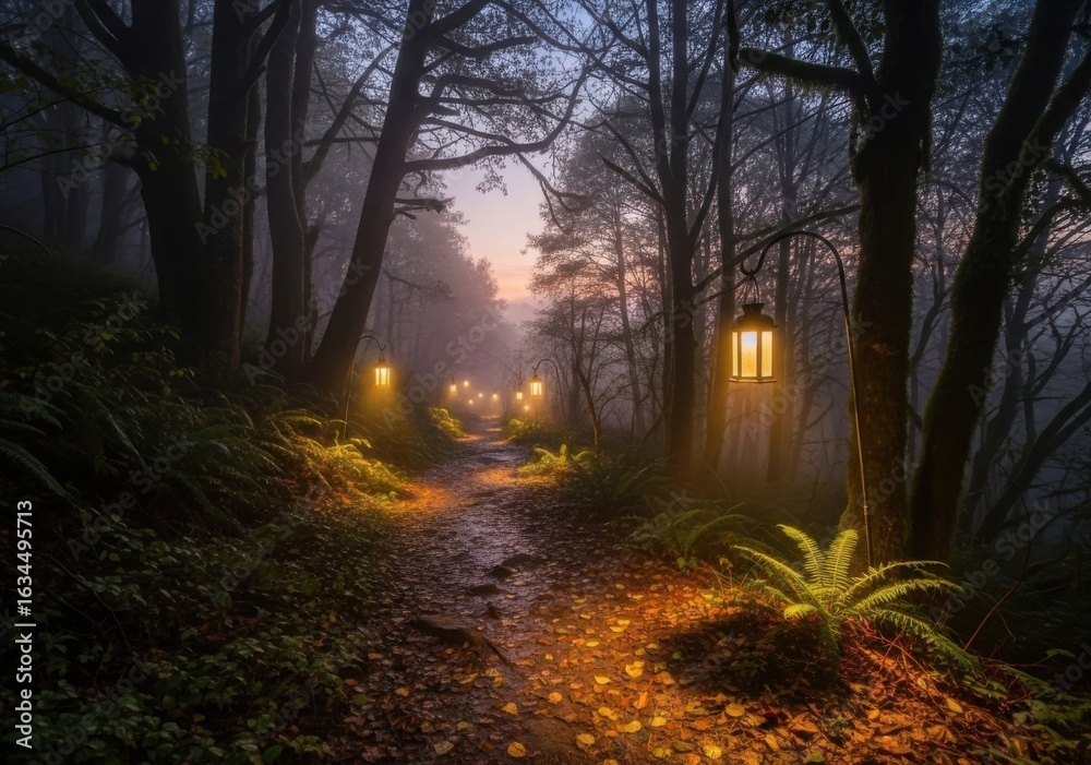 Fototapeta premium A path in a dark forest illuminated by lanterns at dusk