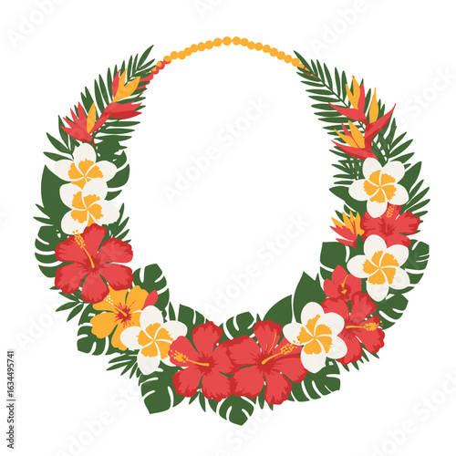 Tropical floral wreath with hibiscus and plumeria flowers, a Polynesian-inspired decorative frame for summer.