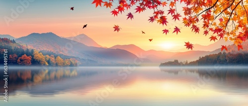 Serene autumn landscape with rolling hills and vibrant foliage tranquil lake reflection natural beauty peaceful environment
