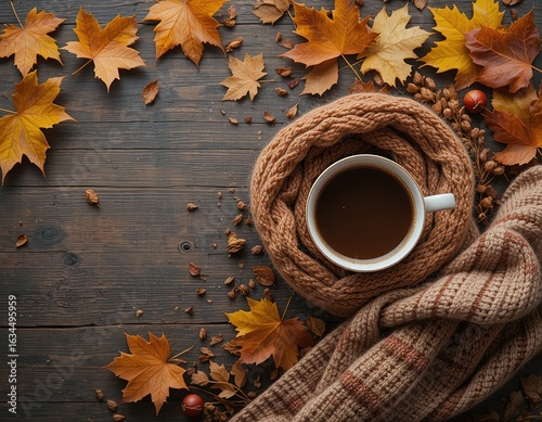 Autumn Coffee and Cozy Knits on Wooden Table