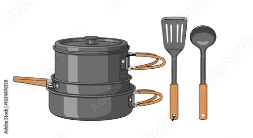 Detailed Illustration of Kitchen Utensils, Showing a Stack of Pots with a Lid Alongside a Spatula and Ladle