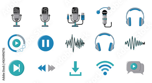 Assorted podcasting and audio production elements collection highlighting microphones, audio waveforms, and control icons displayed in modern design