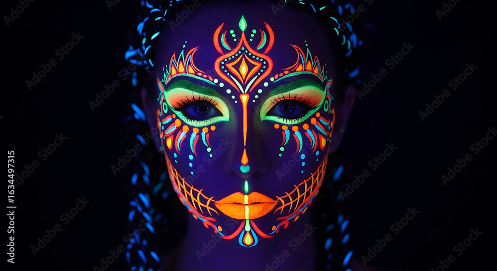 Naklejka premium Woman with intricate neon face paint in dark setting