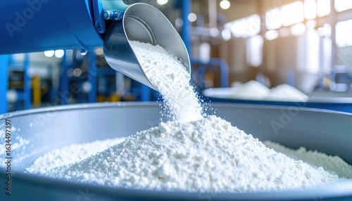 Industrial scene of powdered substance being poured in a factory environment symbolizing food processing, chemical manufacturing or pharmaceutical production