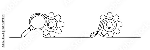 Magnifying glass gear and abstract symbol line art