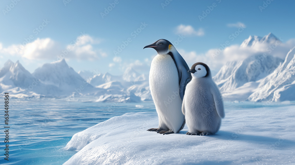Fototapeta premium An adult emperor penguin and its chick stand side by side on snowy ice near the ocean with mountains in the background