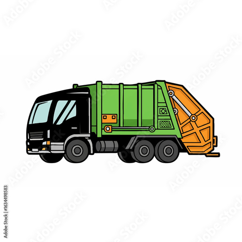 A cartoon illustration of a green and black garbage truck, ready for waste collection.